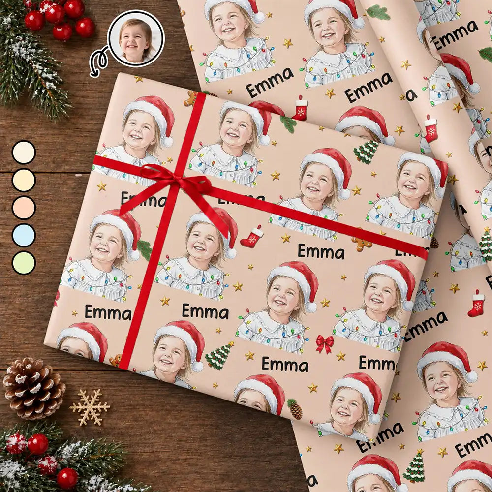 Art Design, Christmas, Custom Photo, Family, Happy, Photo - Portrait With Santa Hat & Christmas Lights - Christmas Gift Wrap For Family - Personalized Custom Photo Watercolor Portrait Wrapping Paper