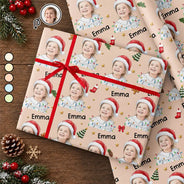 Art Design, Christmas, Custom Photo, Family, Happy, Photo - Portrait With Santa Hat & Christmas Lights - Christmas Gift Wrap For Family - Personalized Custom Photo Watercolor Portrait Wrapping Paper