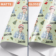 Art Design, Christmas, Custom Photo, Family, Happy, Photo - Portrait With Santa Hat & Christmas Lights - Christmas Gift Wrap For Family - Personalized Custom Photo Watercolor Portrait Wrapping Paper