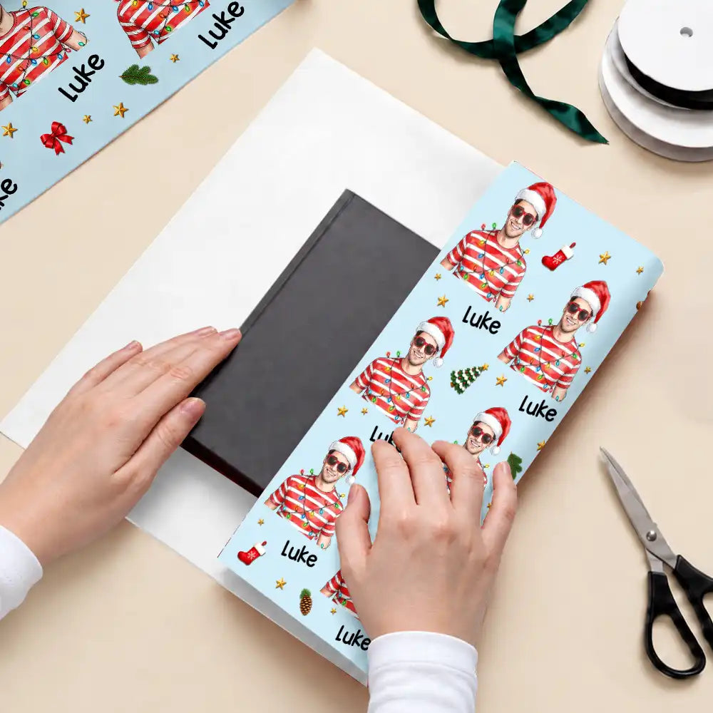 Art Design, Christmas, Custom Photo, Family, Happy, Photo - Portrait With Santa Hat & Christmas Lights - Christmas Gift Wrap For Family - Personalized Custom Photo Watercolor Portrait Wrapping Paper