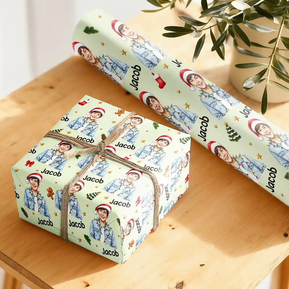 Art Design, Christmas, Custom Photo, Family, Happy, Photo - Portrait With Santa Hat & Christmas Lights - Christmas Gift Wrap For Family - Personalized Custom Photo Watercolor Portrait Wrapping Paper