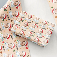 Art Design, Christmas, Custom Photo, Family, Happy, Photo - Portrait With Santa Hat & Christmas Lights - Christmas Gift Wrap For Family - Personalized Custom Photo Watercolor Portrait Wrapping Paper