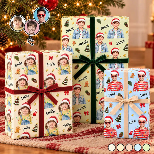 Art Design, Christmas, Custom Photo, Family, Happy, Photo - Portrait With Santa Hat & Christmas Lights - Christmas Gift Wrap For Family - Personalized Custom Photo Watercolor Portrait Wrapping Paper
