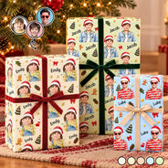 Art Design, Christmas, Custom Photo, Family, Happy, Photo - Portrait With Santa Hat & Christmas Lights - Christmas Gift Wrap For Family - Personalized Custom Photo Watercolor Portrait Wrapping Paper