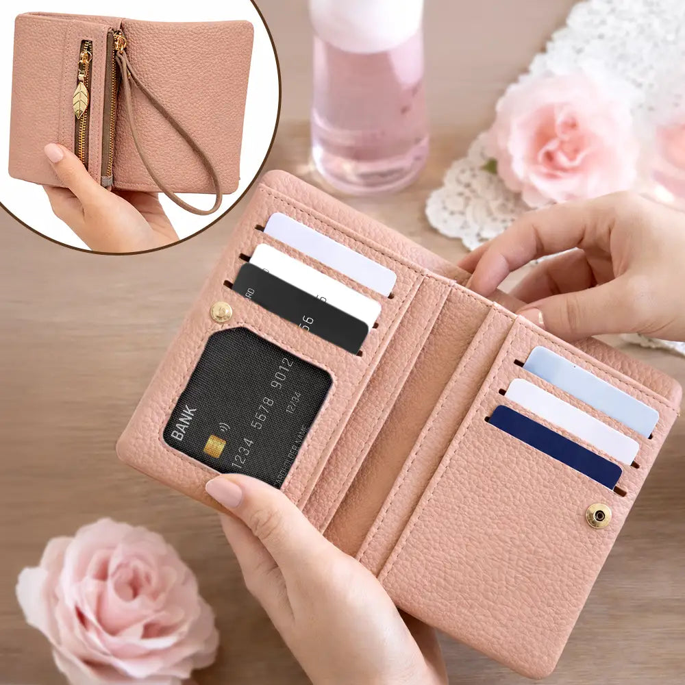 Mom - Daughters (Adult),Mom - Daughters (Young),Mom - Sons,Mom - Children,Gift For Mother,Love - Custom Birth Month Flower And Name - Personalized Tri-Fold PU Leather Wristlet Wallet