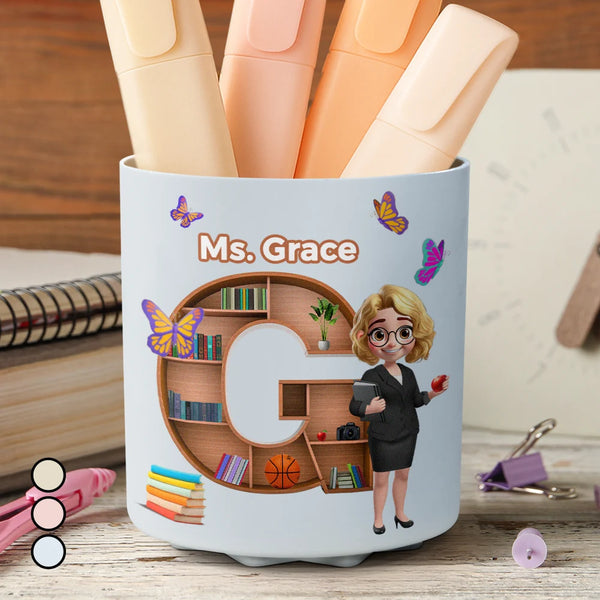 Teacher,Back To School - Teacher Alphabet Bookshelf Letter - Personalized Rotating Pen Holder