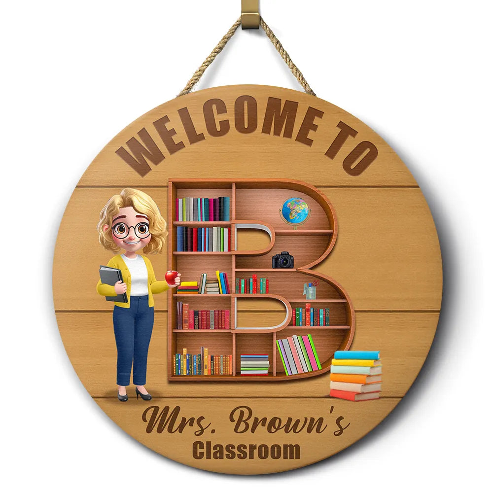 Teacher Alphabet Bookshelf Letter - Personalized Wood Circle Sign