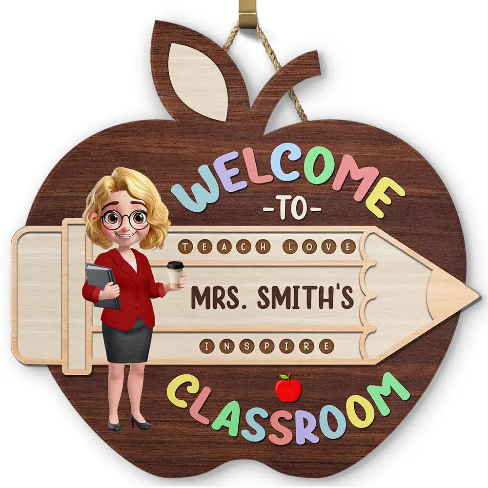 Teacher Apple Class Name - Personalized Custom Shaped Wood Sign