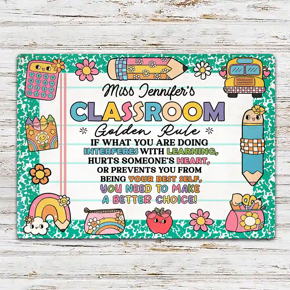 Back To School,Top Market,Teacher,Adorable,Custom Text - Teacher Classroom Golden Rule - Personalized Classic Metal Signs