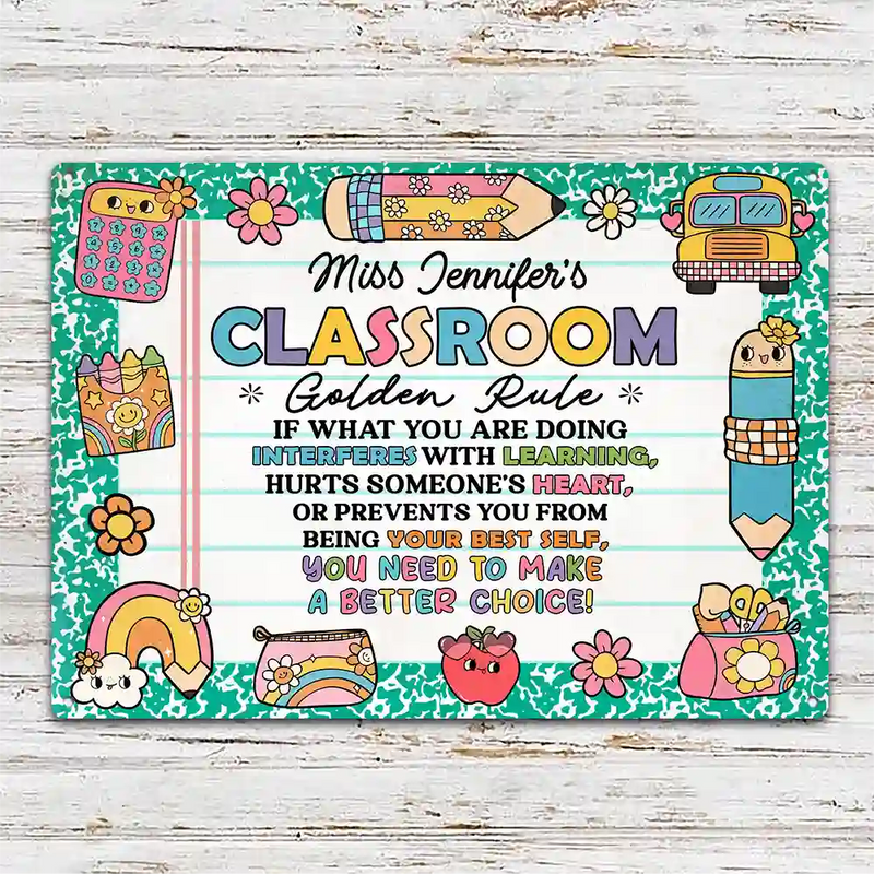 Back To School,Top Market,Teacher,Adorable,Custom Text - Teacher Classroom Golden Rule - Personalized Classic Metal Signs
