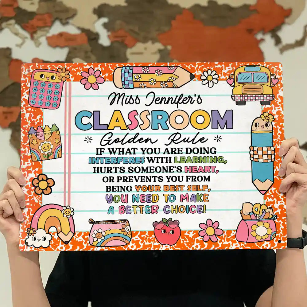 Back To School,Top Market,Teacher,Adorable,Custom Text - Teacher Classroom Golden Rule - Personalized Classic Metal Signs