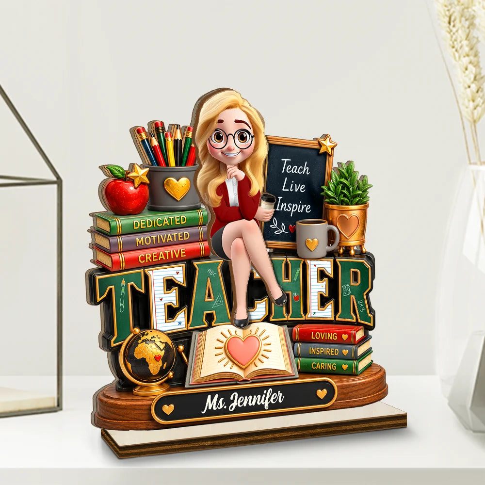 Back To School, Top Market, Teacher, Inspirational, Vector - Teacher Is Dedicated Motivated And Loving - Personalized Custom Shaped 2-Layered Wooden Plaque