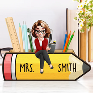 Teacher, Back To School, Happy - Teacher Sitting On The Pencil - Personalized Wooden Pen Pencil Holder
