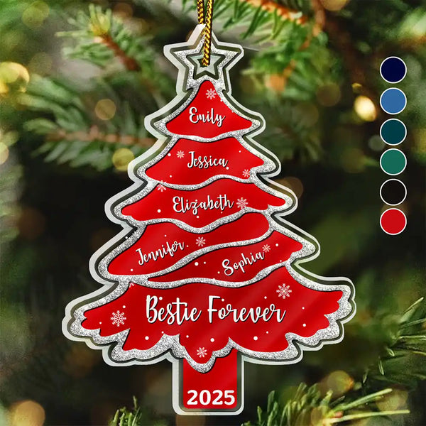 Family, Gift For Bestie, Christmas, Happy - Text Pattern Christmas Tree Family Bestie Custom Names Pottery Glitter Effect - Personalized Custom Shaped Acrylic Ornament