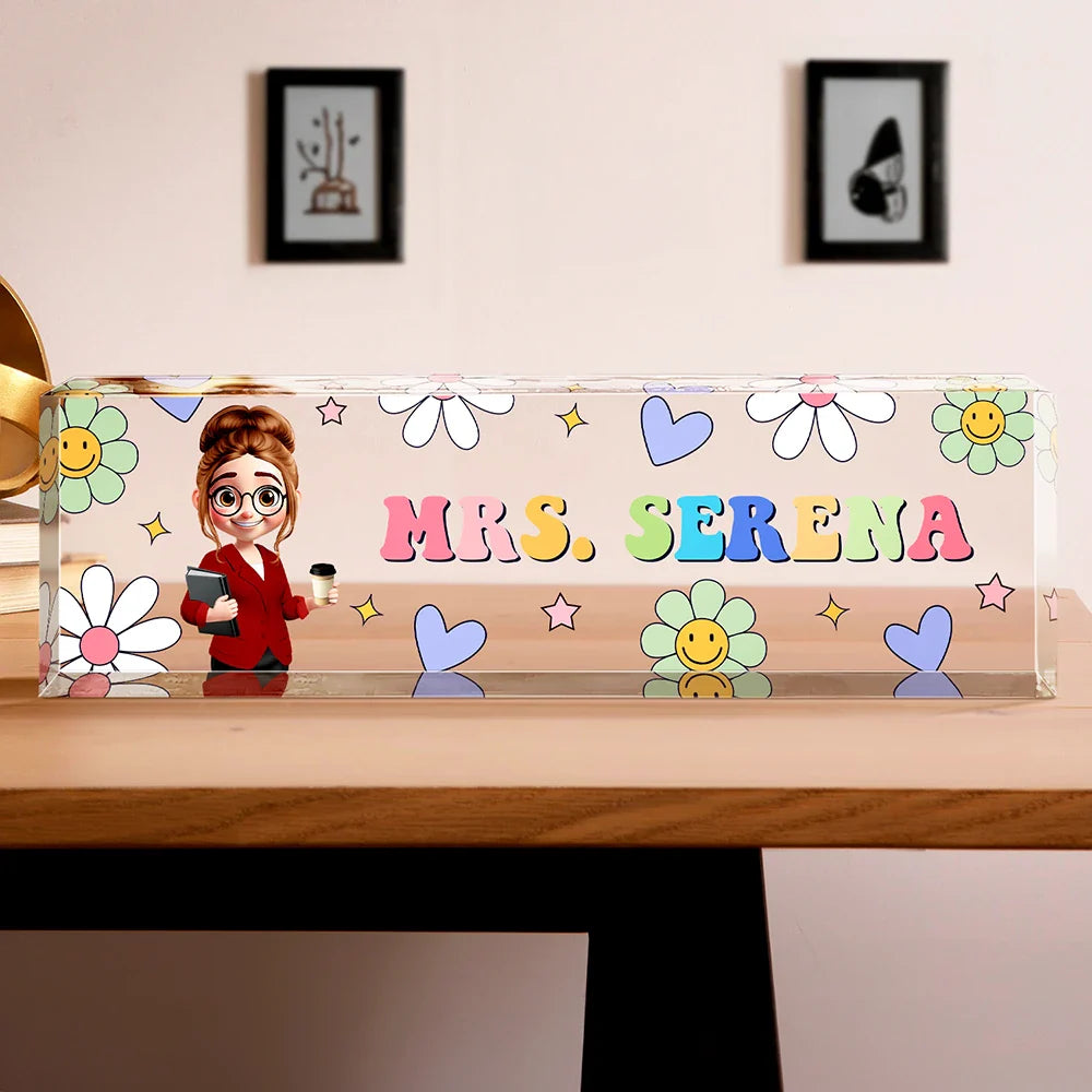 Text Pattern Groovy Retro Teacher Name - Personalized Desk Name Plate