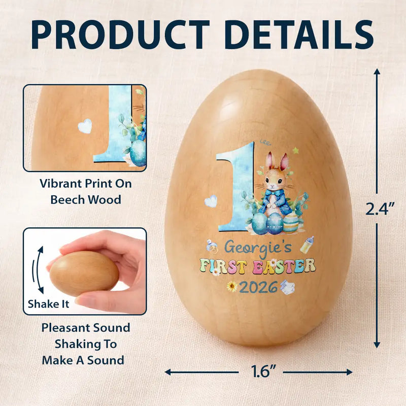 Easter,New baby,Dad,Sons,Gift For Son,Mom,Gift For Daughter,,Daughters (Young),Gift For Kids,Gift For Grandkids,Happy - Text Pattern My First Easter - Personalized Musical Wooden Easter Egg Shaker