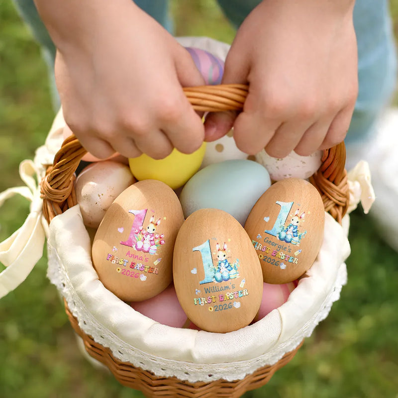 Easter,New baby,Dad,Sons,Gift For Son,Mom,Gift For Daughter,,Daughters (Young),Gift For Kids,Gift For Grandkids,Happy - Text Pattern My First Easter - Personalized Musical Wooden Easter Egg Shaker