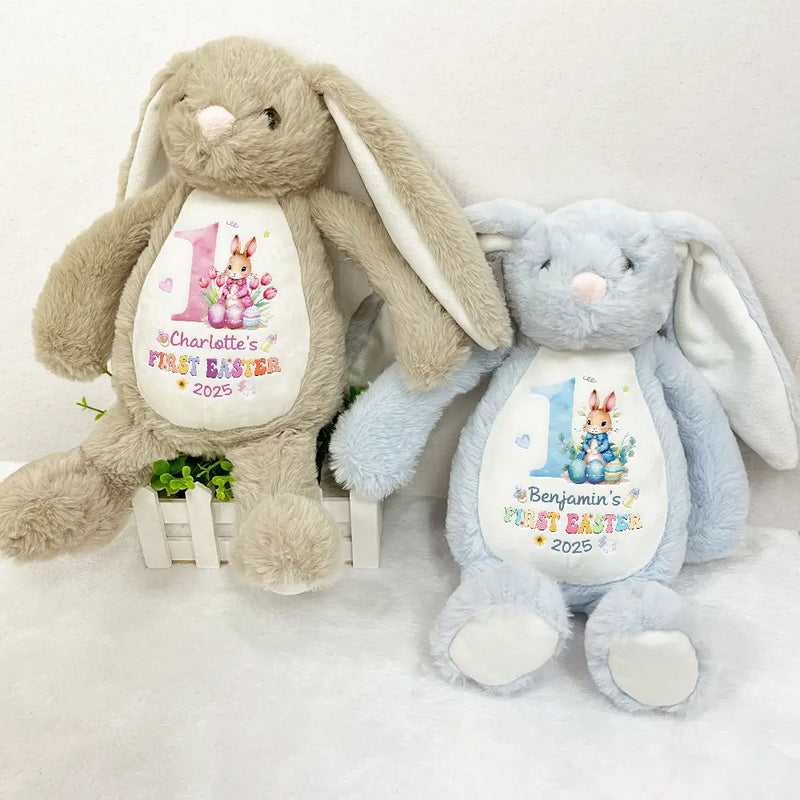 New Dad,New baby,New Mom - Text Pattern My First Easter - Personalized Soft Toy Bunny
