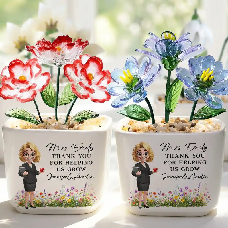 Back To School,Teacher,Grateful,Vector - Thank You Teacher For Helping Me Grow - Personalized Glass Flower Plant Pot