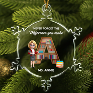 Christmas, Teacher, Happy - Thank You Teacher For The Difference You Make - Personalized Snowflakes Shaped Glass Ornament
