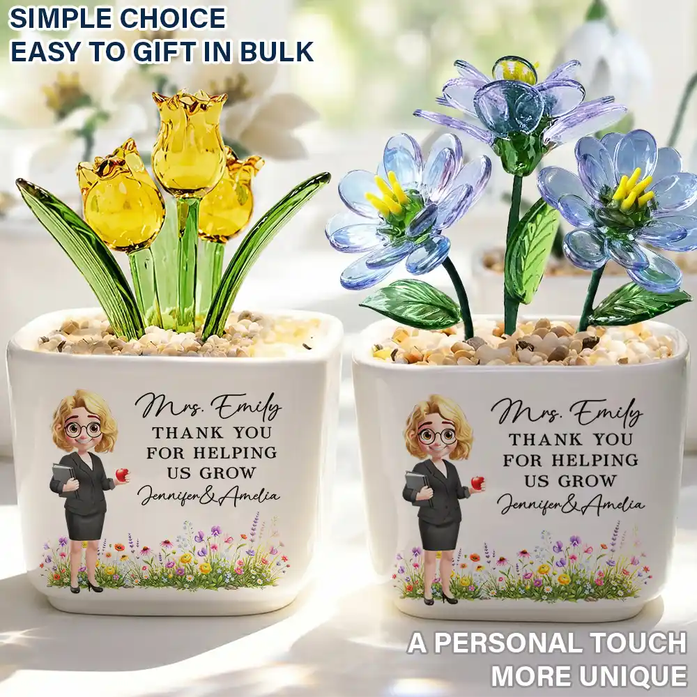 Thank You Teacher For Helping Me Grow - Personalized Glass Flower Plant Pot