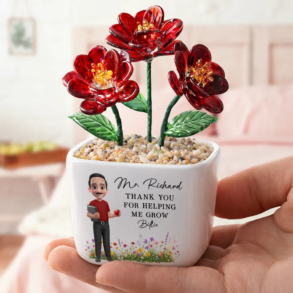 Thank You Teacher For Helping Me Grow - Personalized Glass Flower Plant Pot