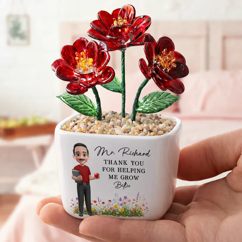 Thank You Teacher For Helping Me Grow - Personalized Glass Flower Plant Pot