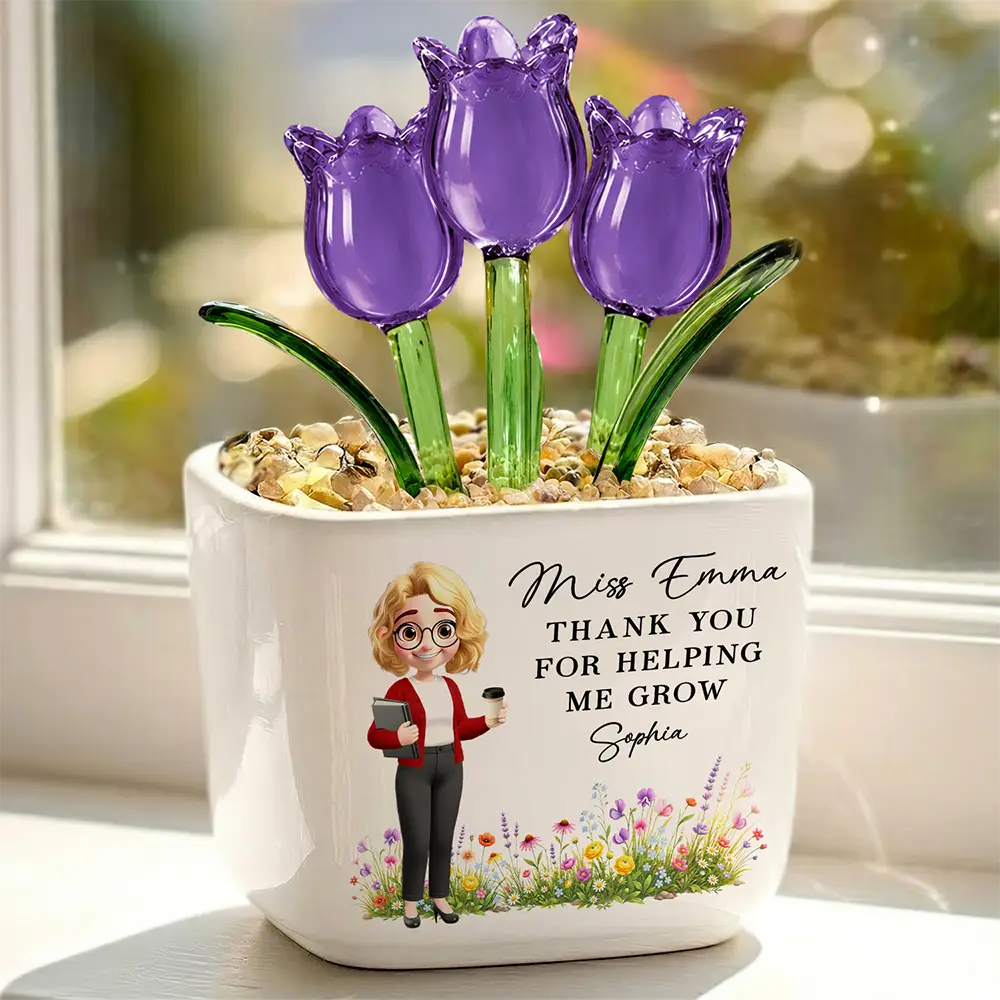 Thank You Teacher For Helping Me Grow - Personalized Glass Flower Plant Pot