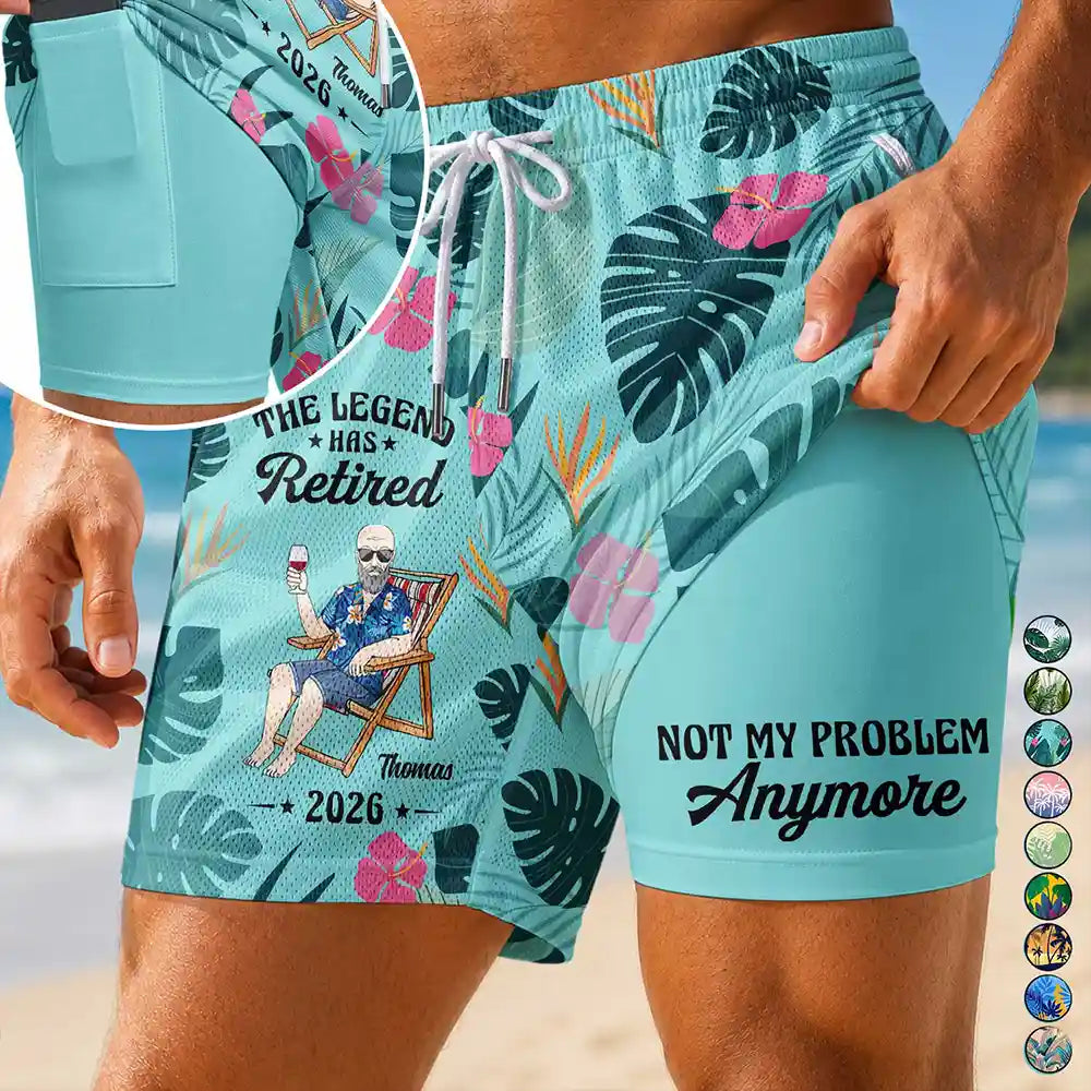 Humorous,Gift For Men,Beach,Gift For Yourself,Summer,Retirement,Vector,Custom Text - The Legend Has Retired - Personalized Swim Trunks With Liner
