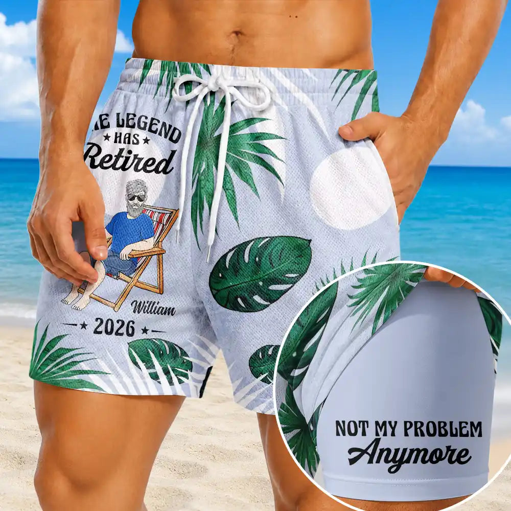 Humorous,Gift For Men,Beach,Gift For Yourself,Summer,Retirement,Vector,Custom Text - The Legend Has Retired - Personalized Swim Trunks With Liner