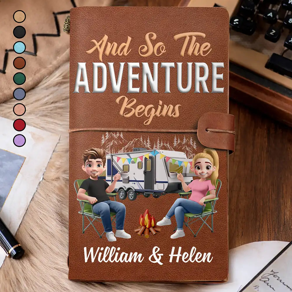 The Adventure Book 3D Effect Camping Couple Camper - Personalized Leather Vintage Journal