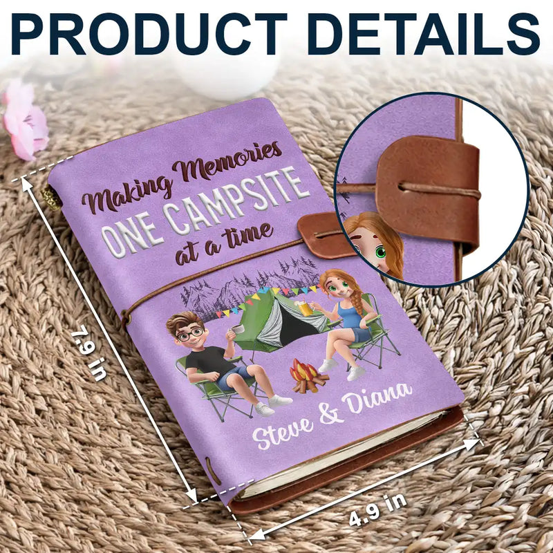 Camping,Gift For Couples,Happy - The Adventure Book 3D Effect Camping Couple Camper - Personalized Leather Vintage Journal