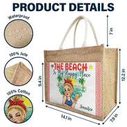 Gift For Women, Happy, Beach, Travel, Summer, Gift For Yourself - The Beach Is My Happy Place - Personalized Jute Tote Bag