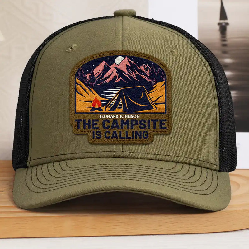 Camping,Gift For Men,Dad's Hobby,Gift For Husband,Gift For Boyfriend,Gift For Yourself,Campsite - The Campsite Is Calling - Personalized Leather Patch Hat
