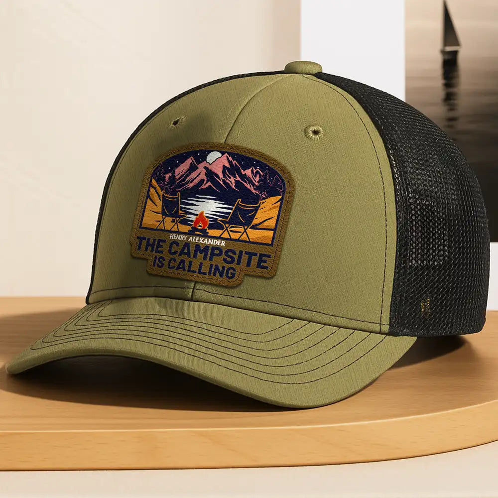 Camping,Gift For Men,Dad's Hobby,Gift For Husband,Gift For Boyfriend,Gift For Yourself,Campsite - The Campsite Is Calling - Personalized Leather Patch Hat