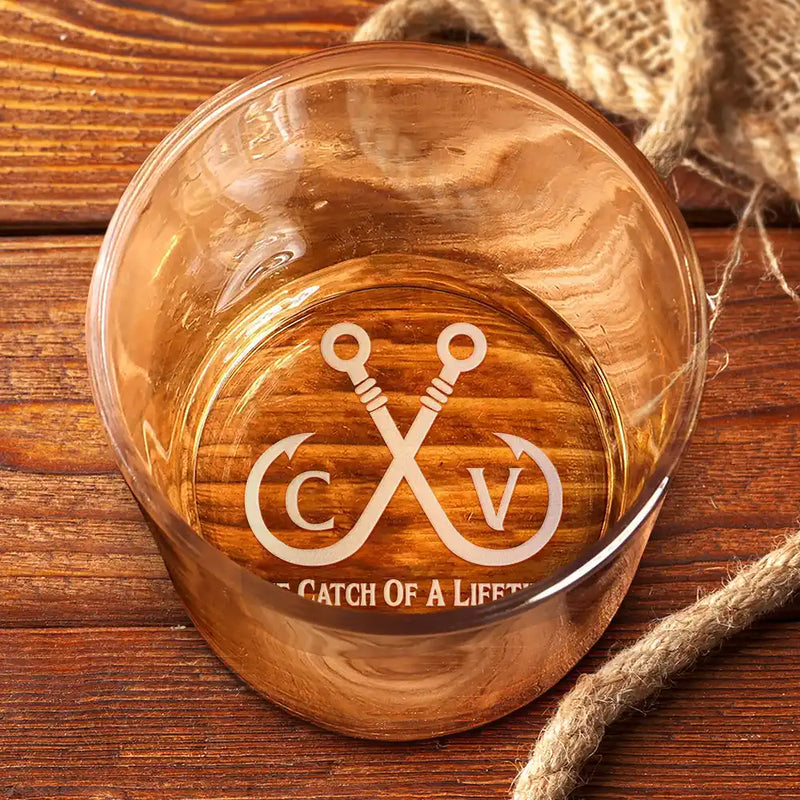 Gift For Couples,Gift For Husband,Gift For Wife,Love - The Catch Of A Lifetime Couple Monogram - Personalized Engraved Whiskey Glass