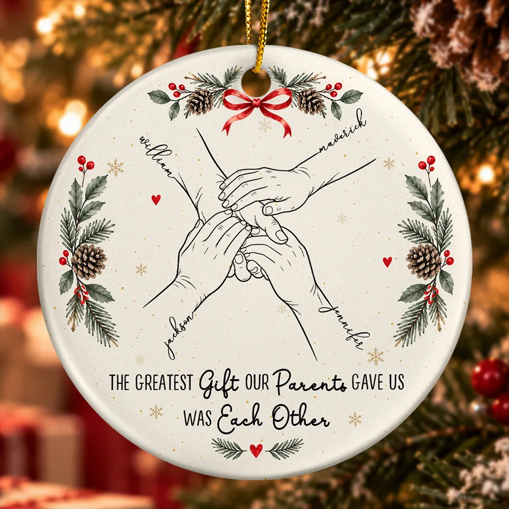 The Greatest Gift Sibling Brother Sister Hands Line Art - Personalized Circle Ceramic Ornament