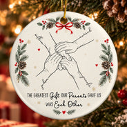 Sentimental,Christmas,Family,Icon - The Greatest Gift Sibling Brother Sister Hands Line Art - Personalized Circle Ceramic Ornament