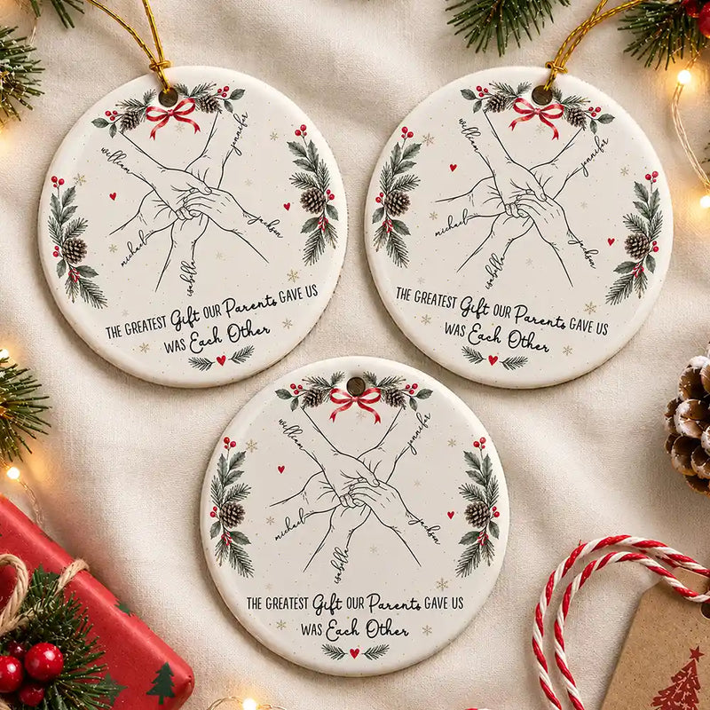 Sentimental,Christmas,Family,Icon - The Greatest Gift Sibling Brother Sister Hands Line Art - Personalized Circle Ceramic Ornament