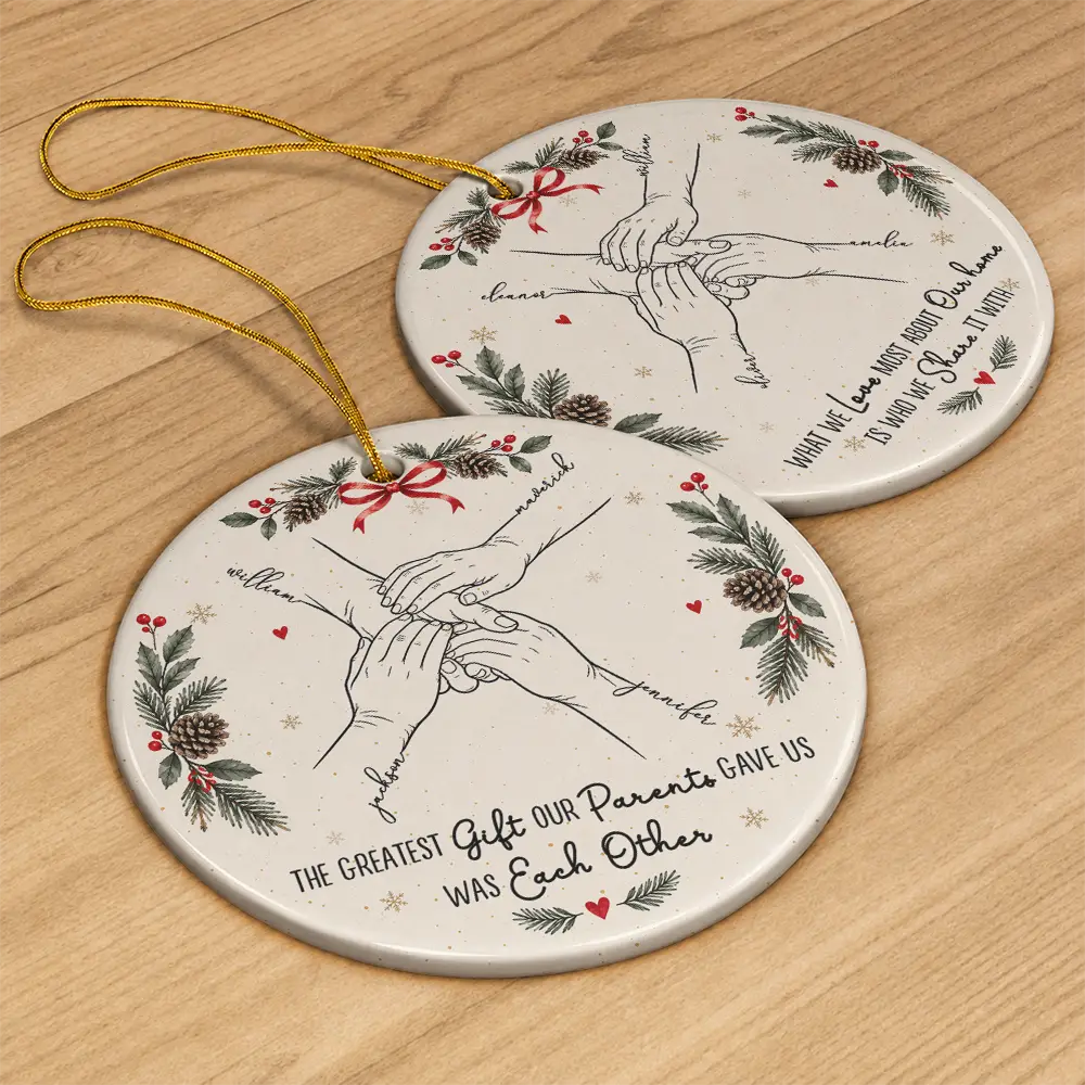 Sentimental,Christmas,Family,Icon - The Greatest Gift Sibling Brother Sister Hands Line Art - Personalized Circle Ceramic Ornament