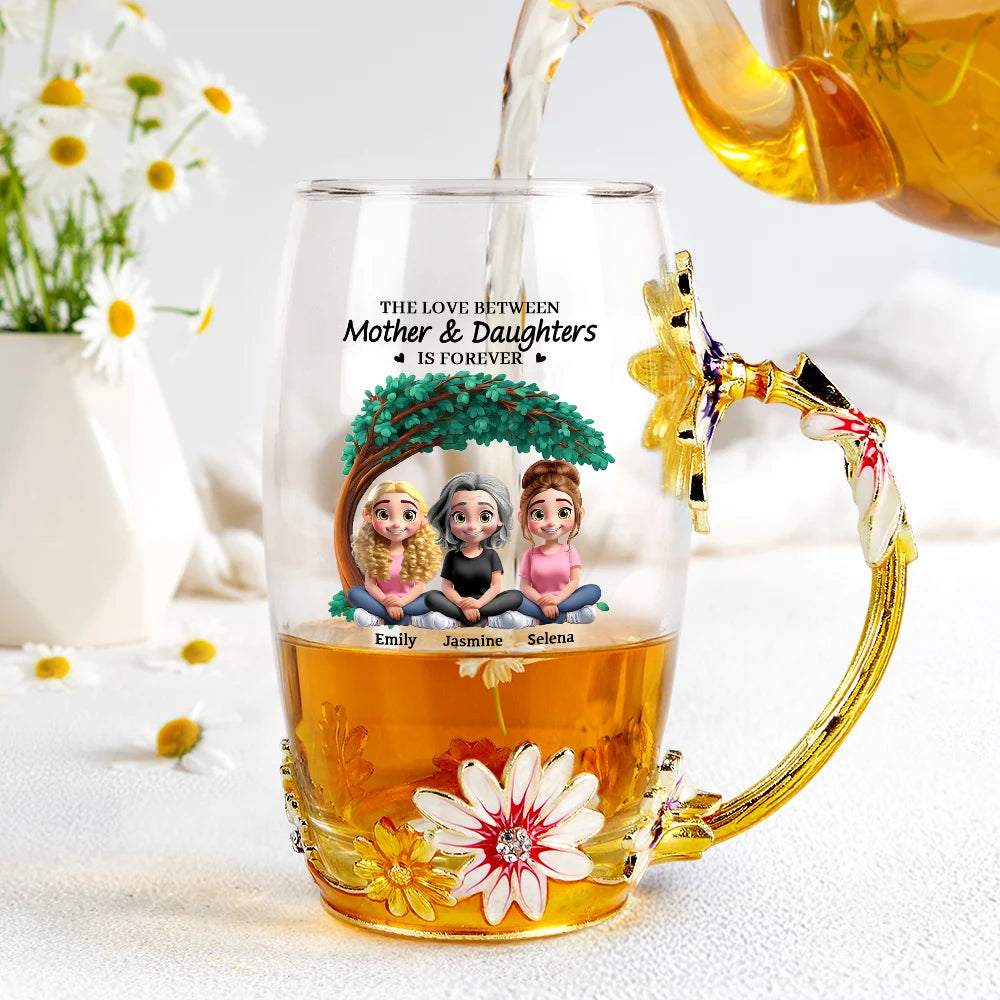 Gift For Mother,Mom - Daughters (Adult),Happy - The Love Between Mother & Daughter - Personalized Glass Flower Tea Cup
