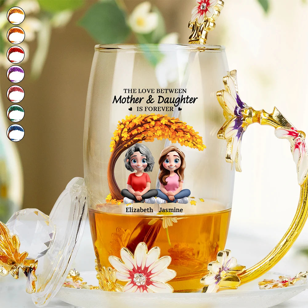 Gift For Mother,Mom - Daughters (Adult),Happy - The Love Between Mother & Daughter - Personalized Glass Flower Tea Cup
