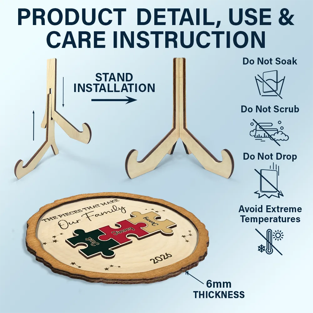 Family,Pet Lovers,Pet Mom,Pet Dad,Pet Couple,Dog Lovers,Dog Couple,Dog Mom,Dog Dad,Cat Lovers,Cat Mom,Cat Dad,Cat Couple,Happy,Single Mom,Single Dad,Gift For Grandpa,Gift For Grandma,Gift For Grandkids - The Pieces That Make Our Family Puzzle - Personalized 2-Layered Wooden Plaque With Stand