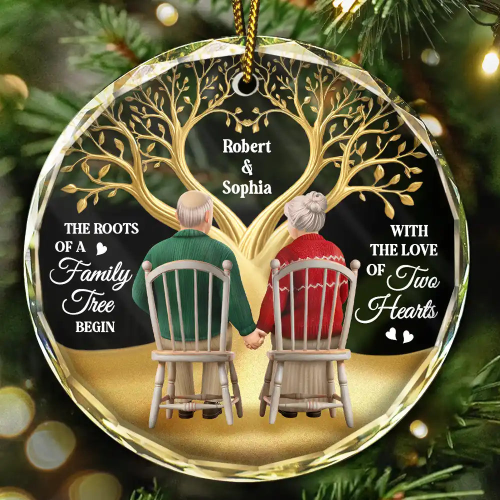 Gift For Couples,Old Couples,Gift For Wife,Gift For Husband,Christmas,Love,Gift For Women,Gift For Men - The Roots Of A Family Tree Begin With Two Hearts - Personalized Circle Glass Ornament