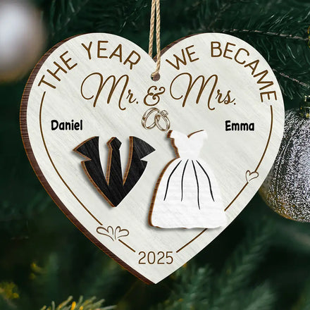The Year We Became Mr & Mrs Heart - Personalized 2-Layered Wooden Ornament