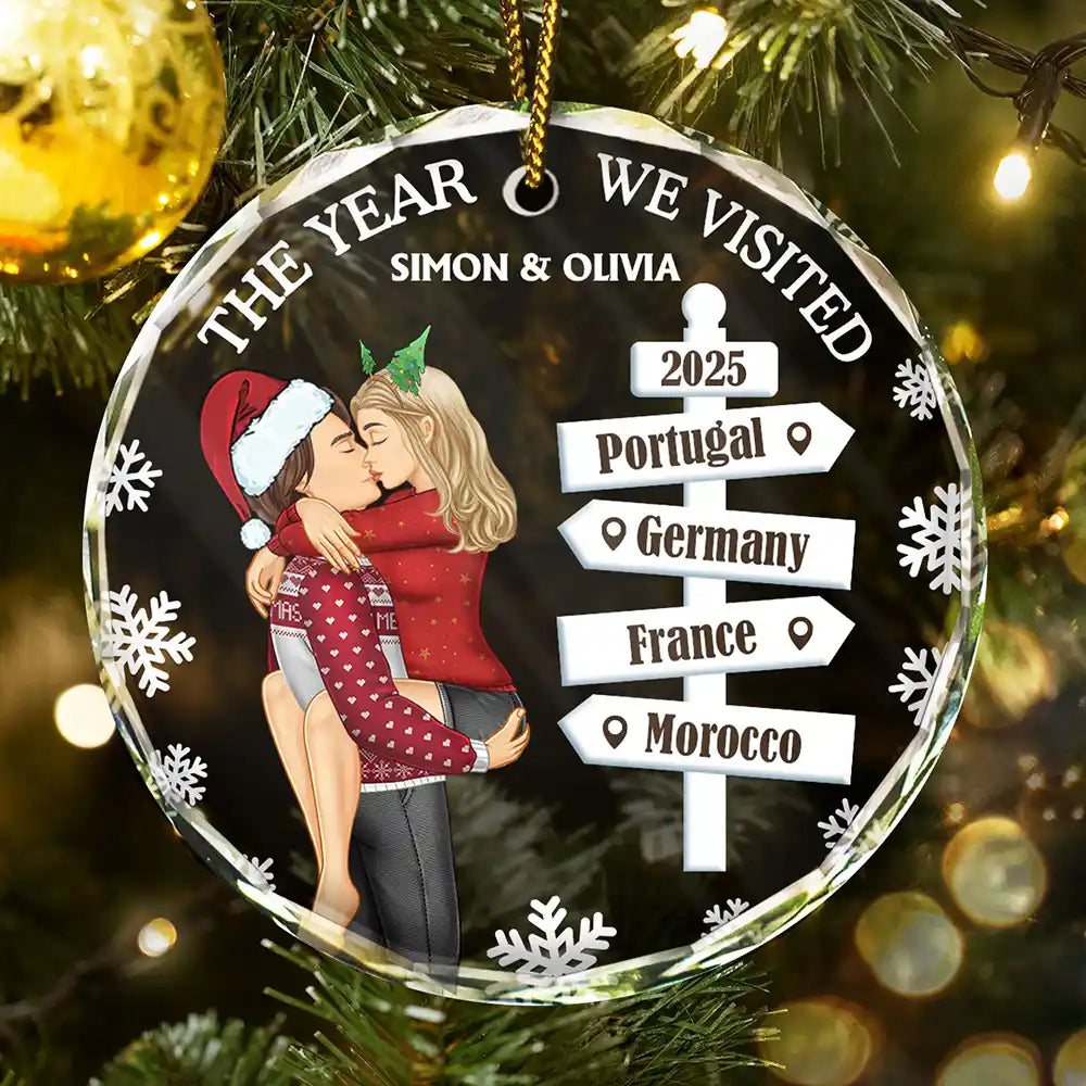 Gift For Couples, Gift For Husband, Gift For Wife, Gift For Boyfriend, Gift For Girlfriend, Christmas, Travel, Happy - The Year We Visited Travel Ornament Side View - Personalized Circle Glass Ornament