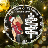 Gift For Couples, Gift For Husband, Gift For Wife, Gift For Boyfriend, Gift For Girlfriend, Christmas, Travel, Happy - The Year We Visited Travel Ornament Side View - Personalized Circle Glass Ornament