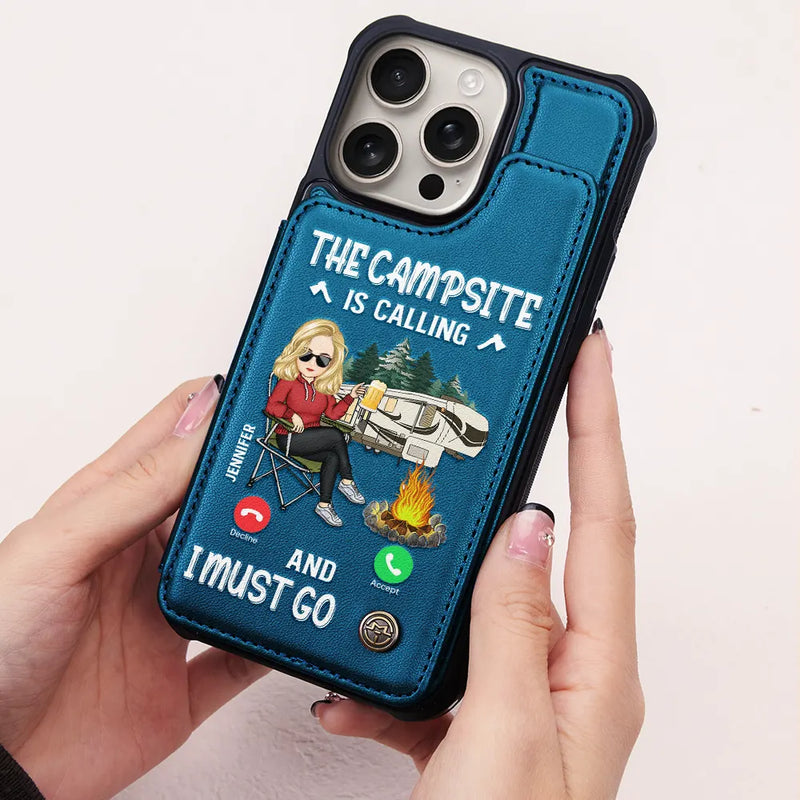 The Campsite Is Calling - Personalized Leather Flip Wallet Phone Case