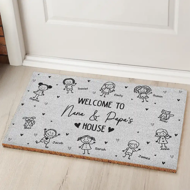 Gift For Grandpa,Gift For Grandma,Gift For Grandparents,Happy - There's No Place Like Grandma & Grandpa's House Stick Figures - Personalized Coconut Doormat