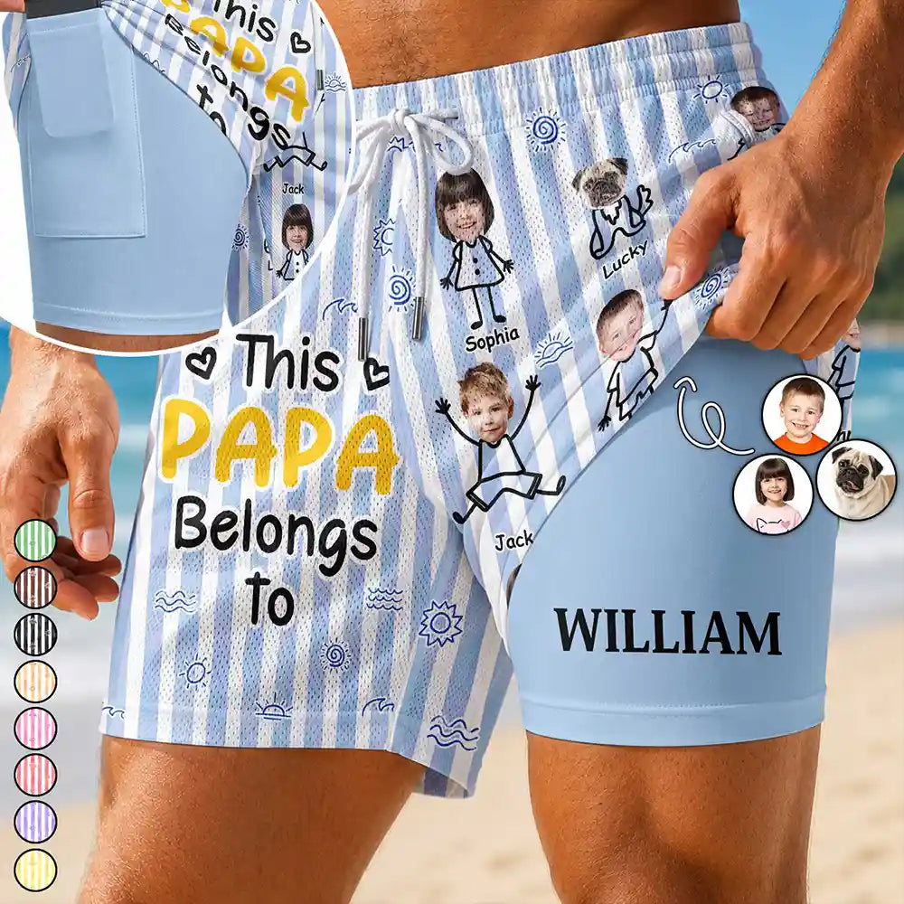 Custom Photo This Dad Grandpa Belongs To Kids And Pets - Personalized Swim Trunks With Liner